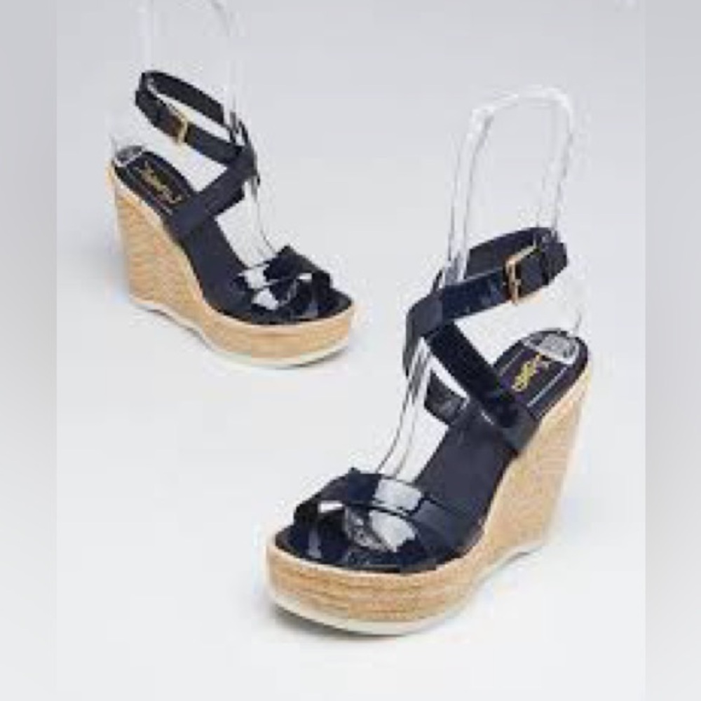 YSL Pacific Blue/Navy Patent Strappy Raffia Wedge